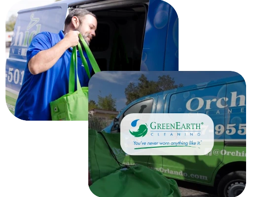 Picture of our dry cleaning delivery vans and the Eco-Friendly dry cleaning logo