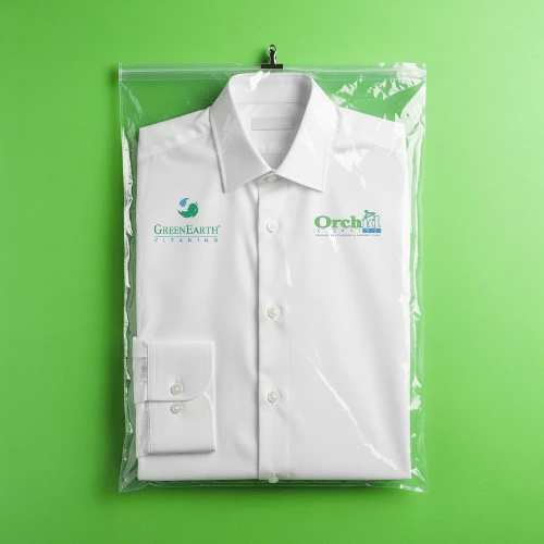 A freshly dry cleaned dress shirt using our 100% non toxic Green Earth cleaning system.