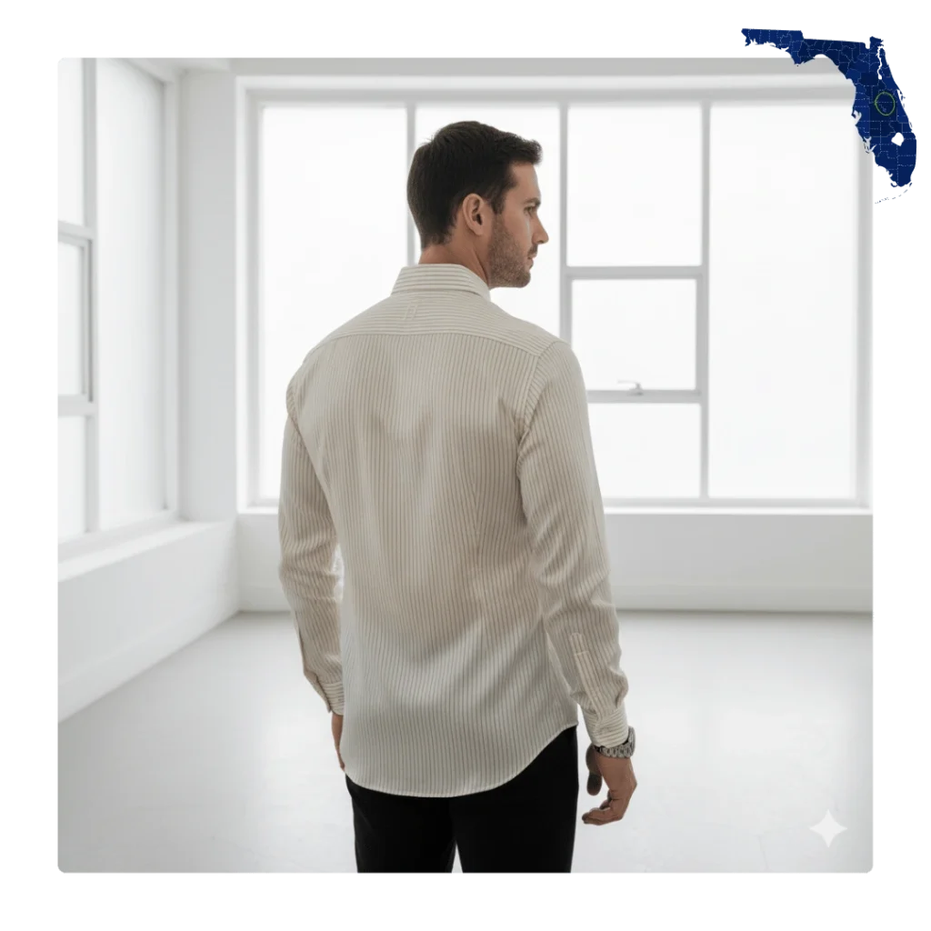 A man wearing his designer dress shirt cleaned professionally by Orchid Cleaners.