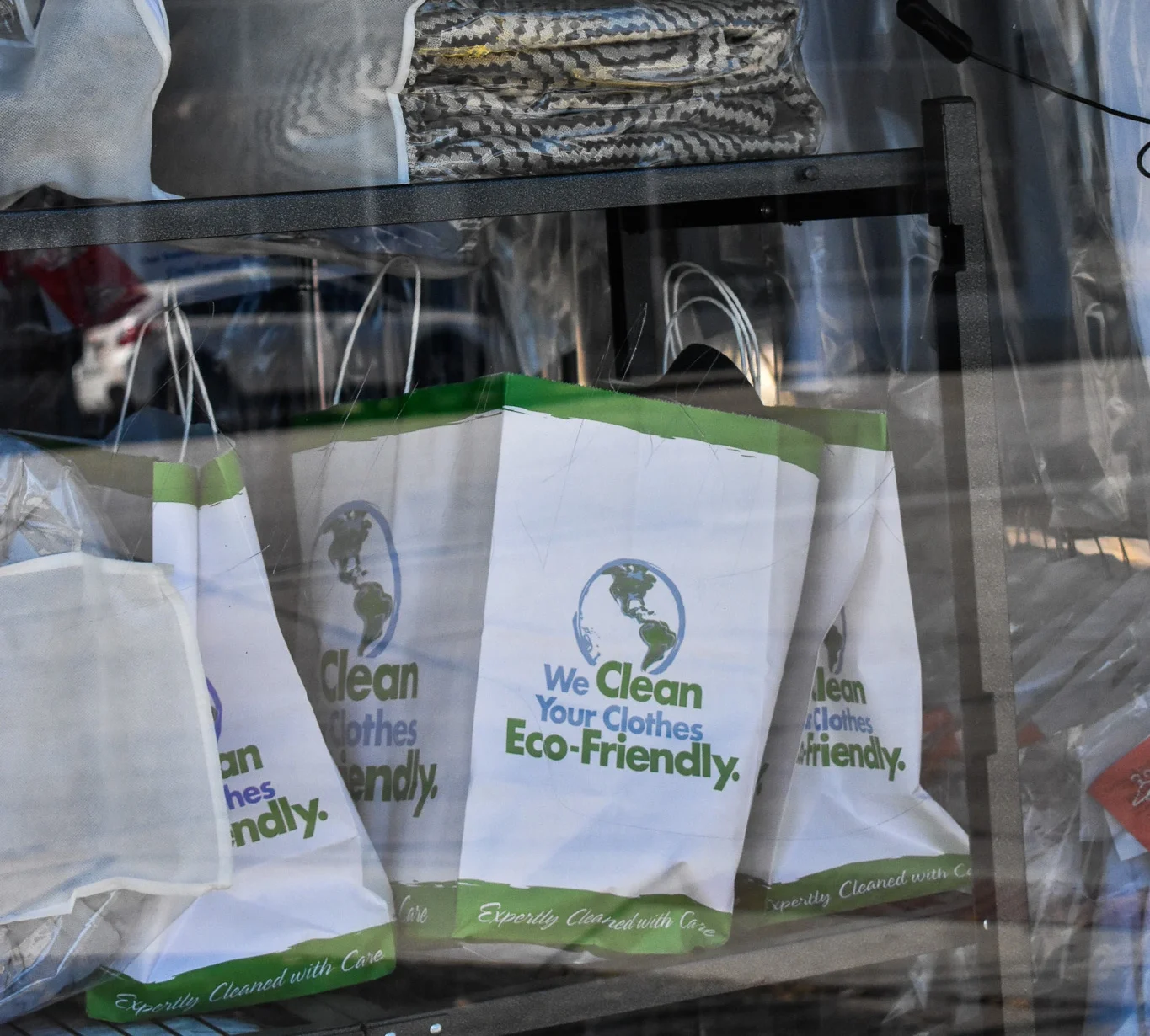 Orchid Cleaners eco-friendly garment bags prepared for customer orders