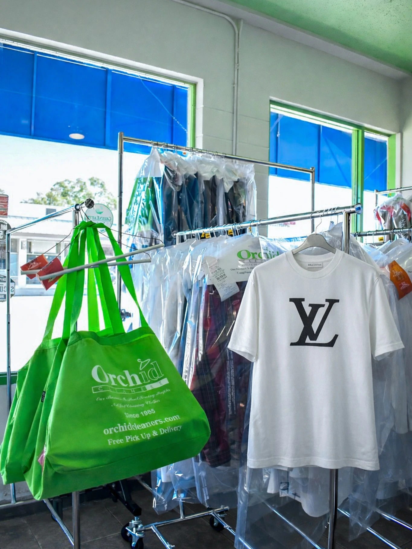 Designer garment and Orchid Cleaners reusable garment bags