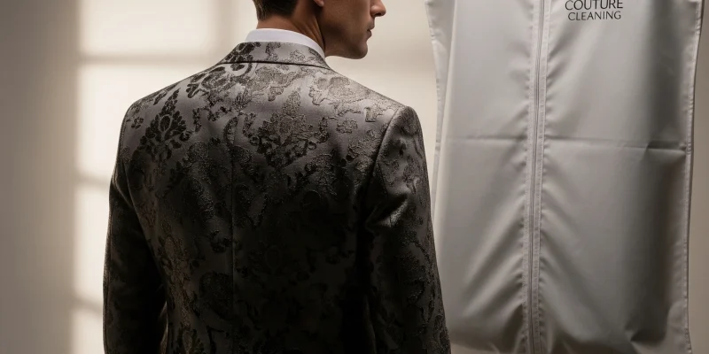 Clean luxury designer jacket on after being professionally dry cleaned.